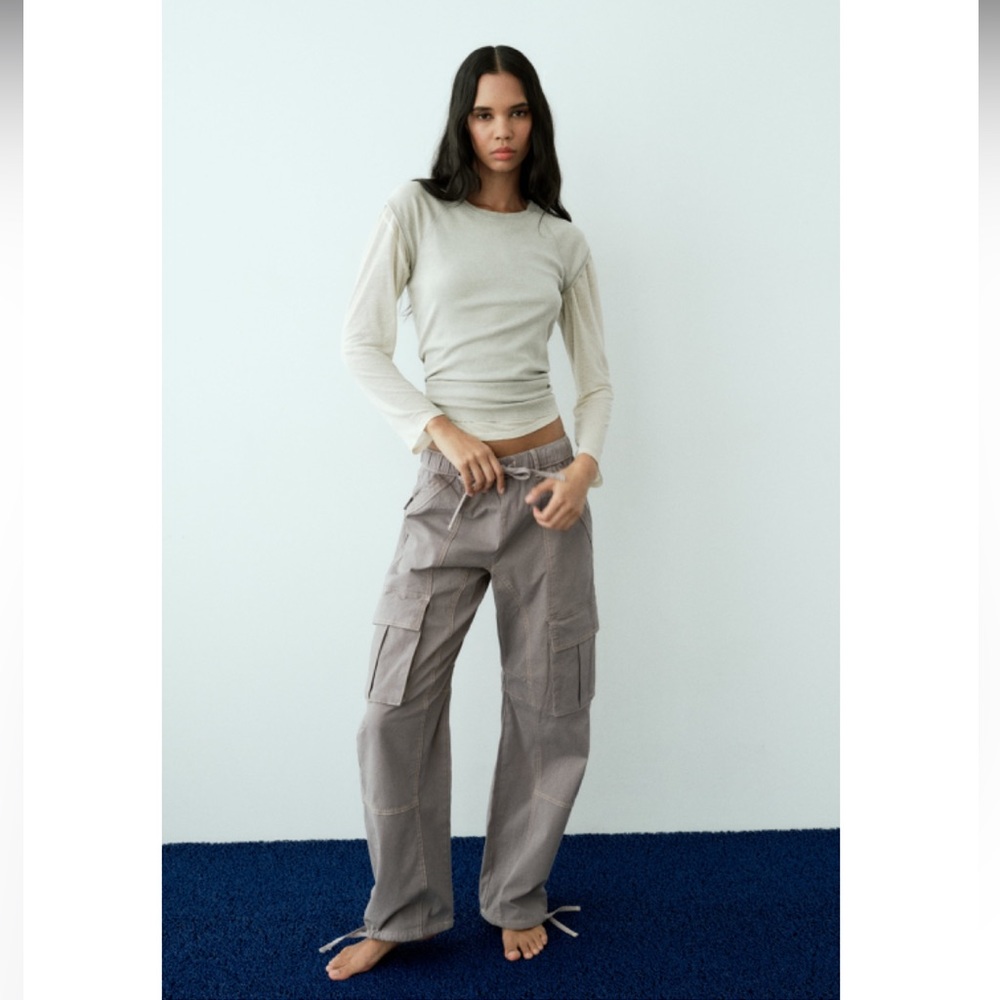 Zara Women’s Baggy Cargo Pants Gray High Waisted Topstitch Oversized Slouchy